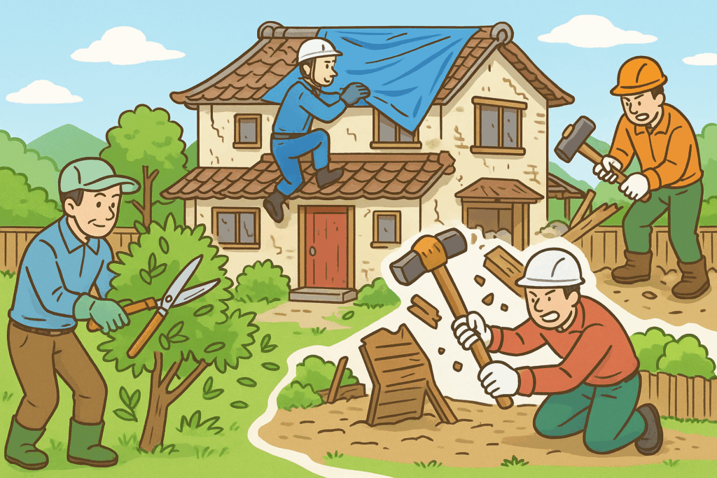 屋根にブルーシートを張る職人の漫画風イラスト。台風や雨漏りへの応急処置をイメージ。