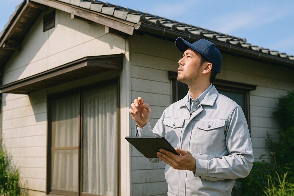 空き家大阪.com|大阪の空き家管理ならお任せください 3 空き家の外壁や屋根をタブレットで点検するスタッフ