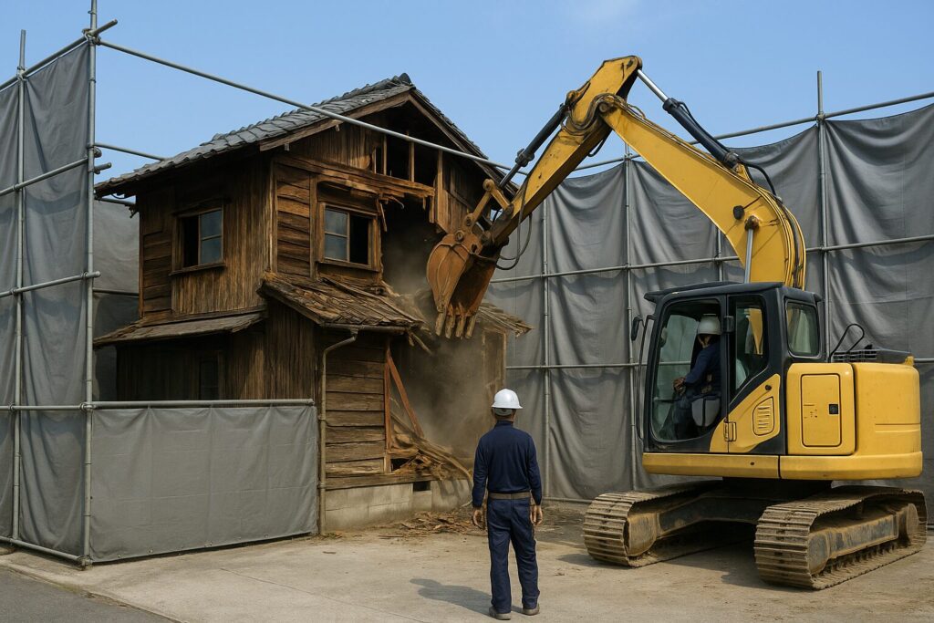 防音シートで養生された大阪の老朽化空き家の解体現場