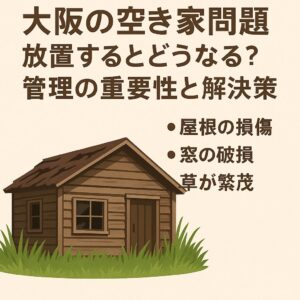 大阪の住宅街にある雑草が伸びた空き家と街並みを背景にした記事アイキャッチ