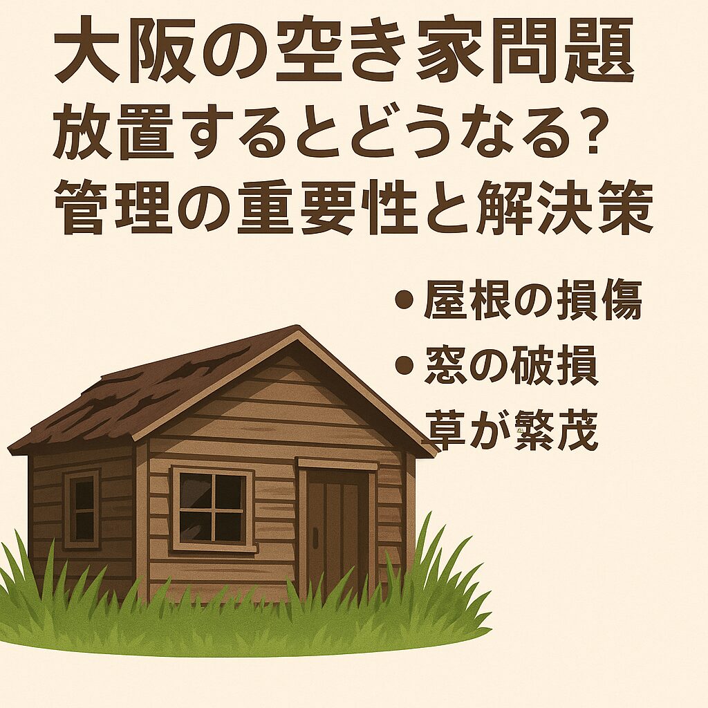 大阪の住宅街にある雑草が伸びた空き家と街並みを背景にした記事アイキャッチ