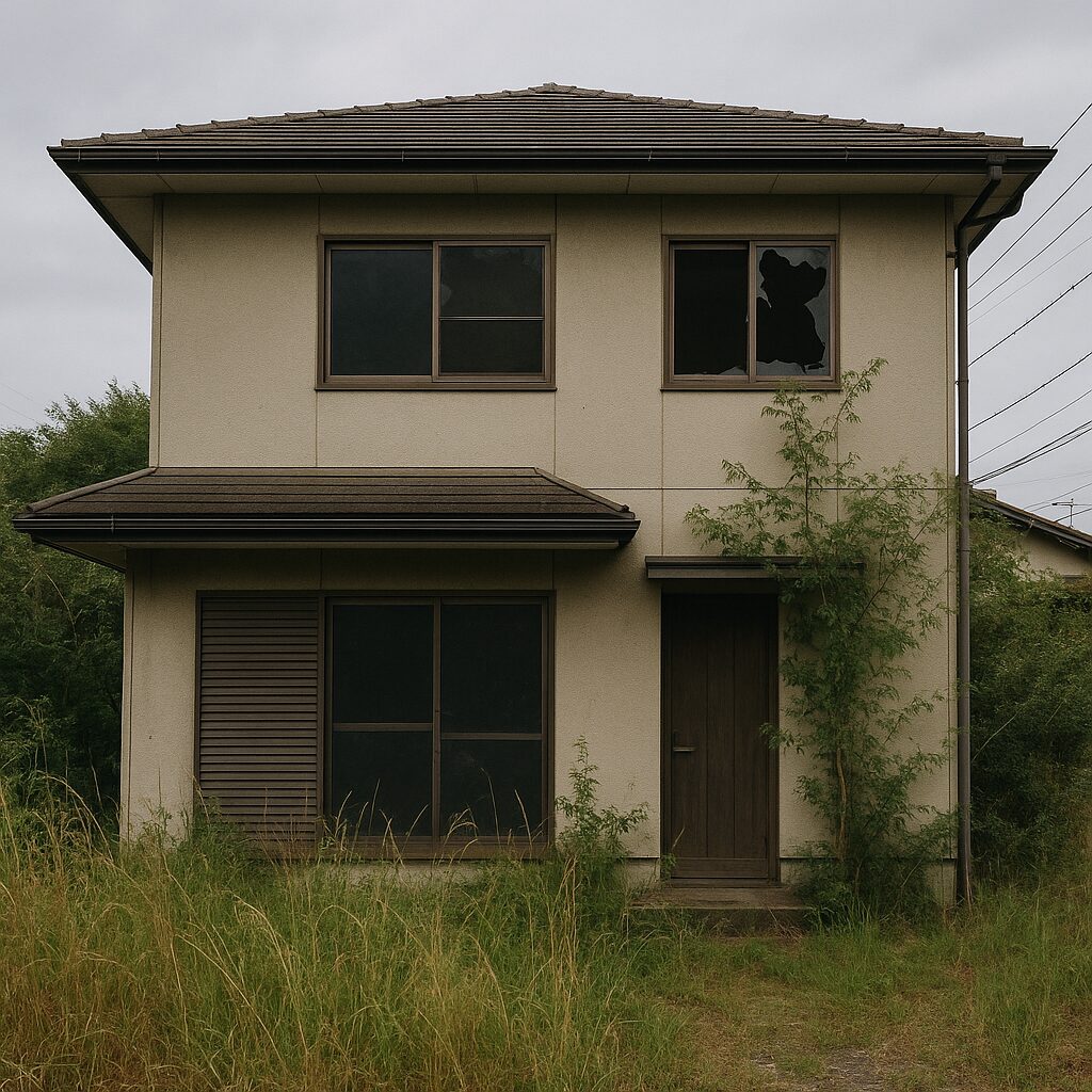 築40年ほどの日本の住宅メーカー風の家が3年間放置され、草木が生い茂り、窓ガラスが割れた空き家の外観