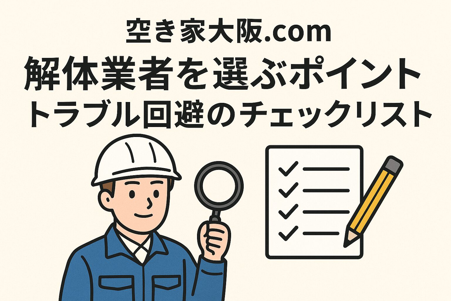 空き家大阪.com|解体業者を選ぶポイントとトラブル回避チェックリストを解説するアイキャッチ画像。ヘルメットをかぶった作業員とチェックリストのイラスト。