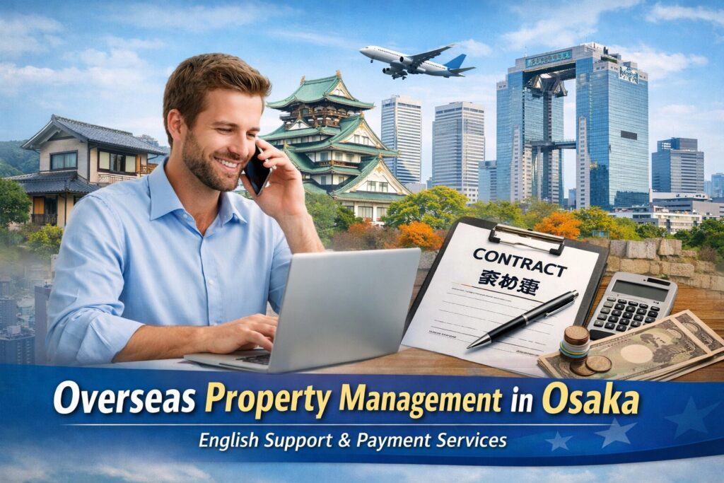 海外在住オーナー向けに、大阪で物件管理・支払い代行・英語対応を行う様子のイメージ画像Image representing property management services in Osaka for overseas owners, including English support and payment handling