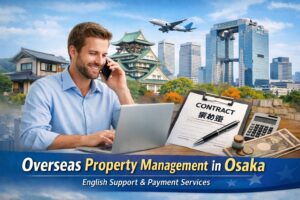 海外在住オーナー向けに、大阪で物件管理・支払い代行・英語対応を行う様子のイメージ画像Image representing property management services in Osaka for overseas owners, including English support and payment handling