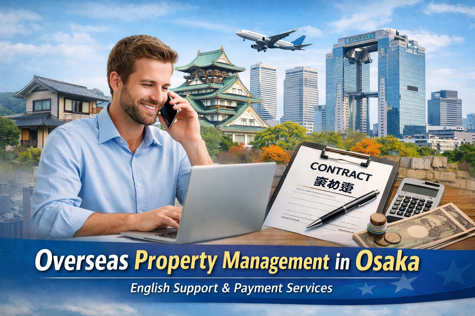 海外在住オーナー向けに、大阪で物件管理・支払い代行・英語対応を行う様子のイメージ画像Image representing property management services in Osaka for overseas owners, including English support and payment handling